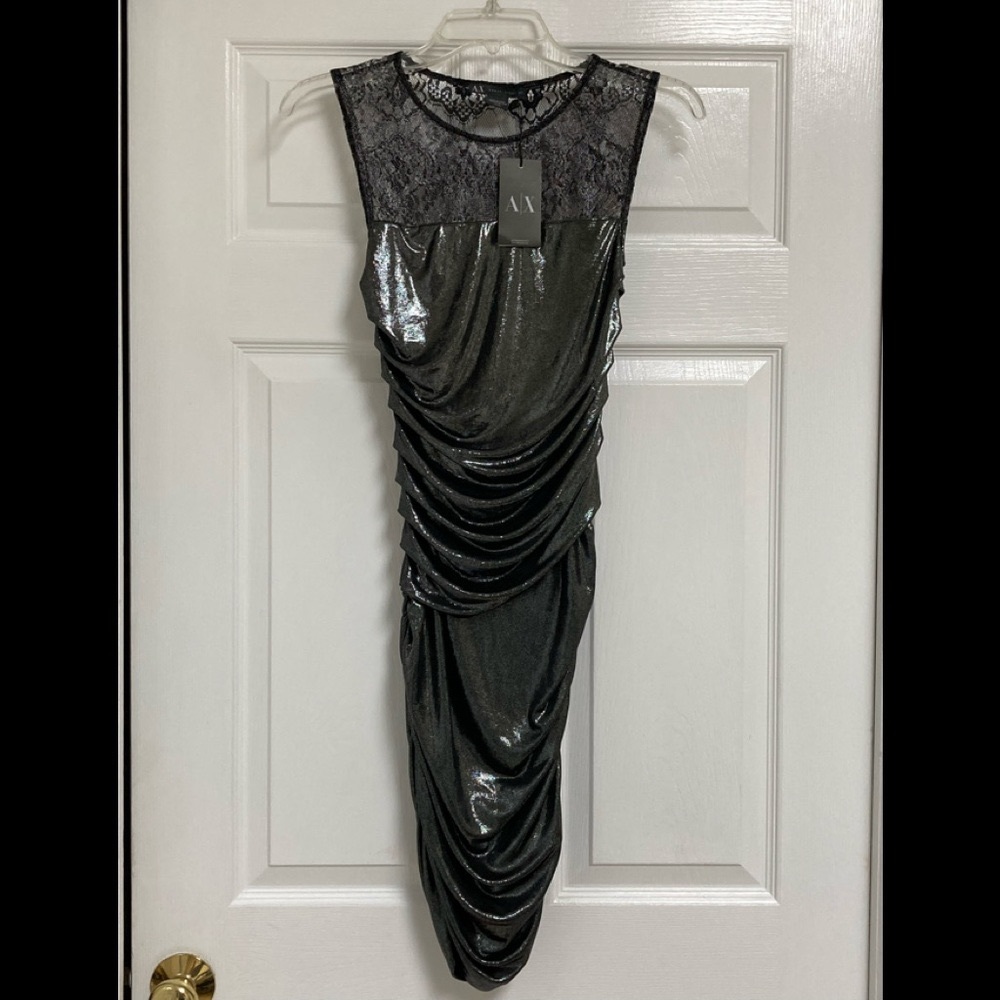 Armani Exchange NWT Gun Metal metallic /lace Dress XS